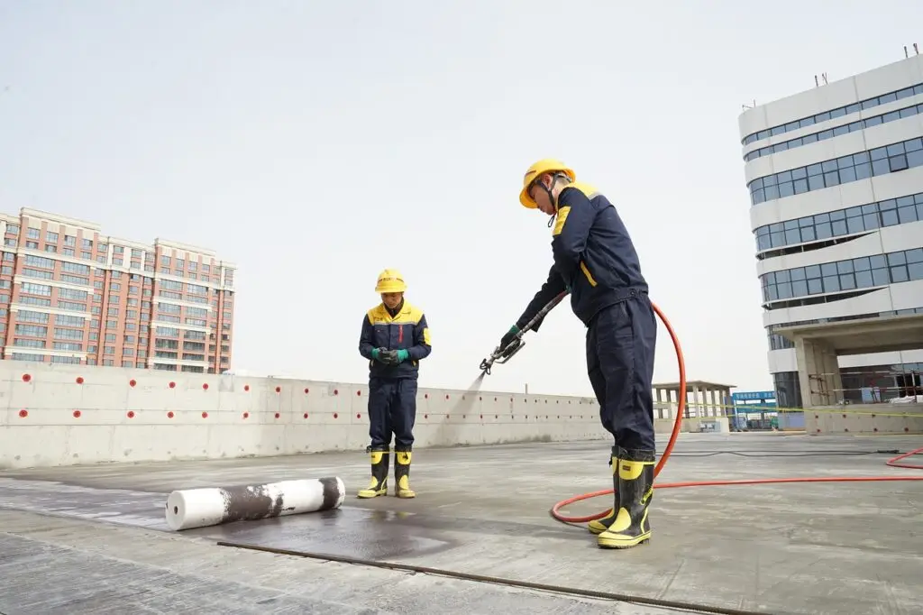 waterproofing, workers, construction site